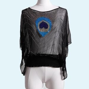 TOPSHOP Black with Peacock Sequins and Beading Short Sleeve Mesh Blouse